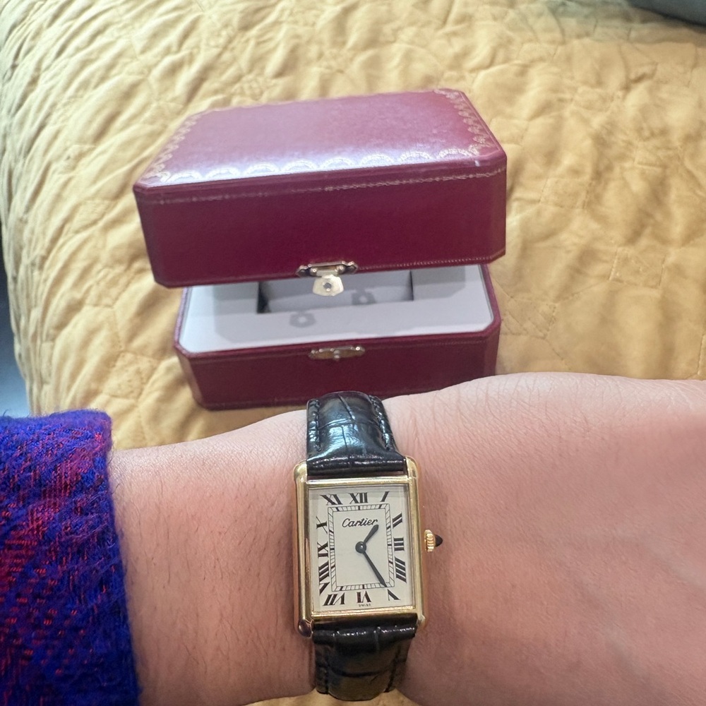 Authentic Cartier Gold Tank Watch with Black Leather Strap